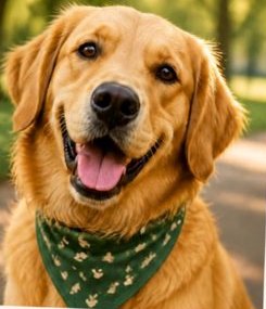 Golden retriever sorridente com bandana verde