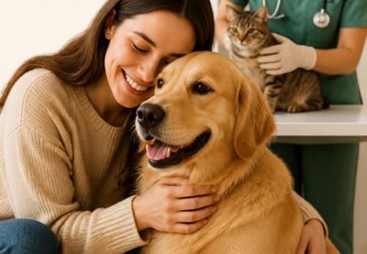 Tutora abraçando seu golden retriever, com uma veterinária ao fundo